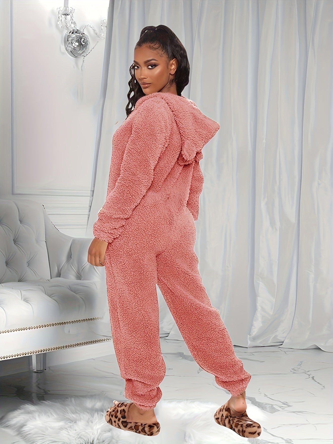 Fuzzy Hooded Pajama Jumpsuit Long Sleeve Zipper Pajamas