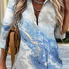 Marble Print Button Up Long Sleeve Blouse