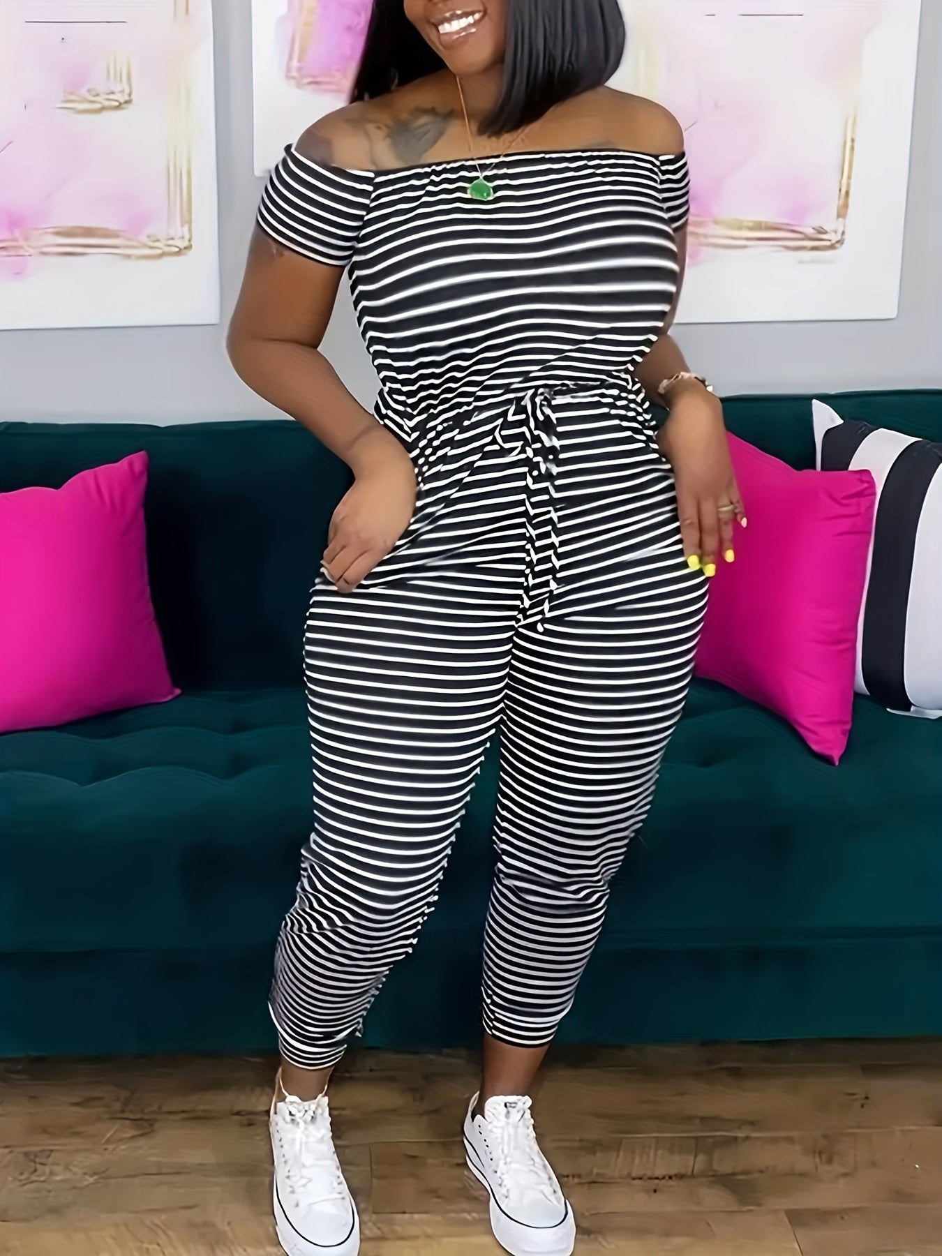 Off Shoulder Drawstring Jumpsuit Casual Short Sleeve Slim Jumpsuit