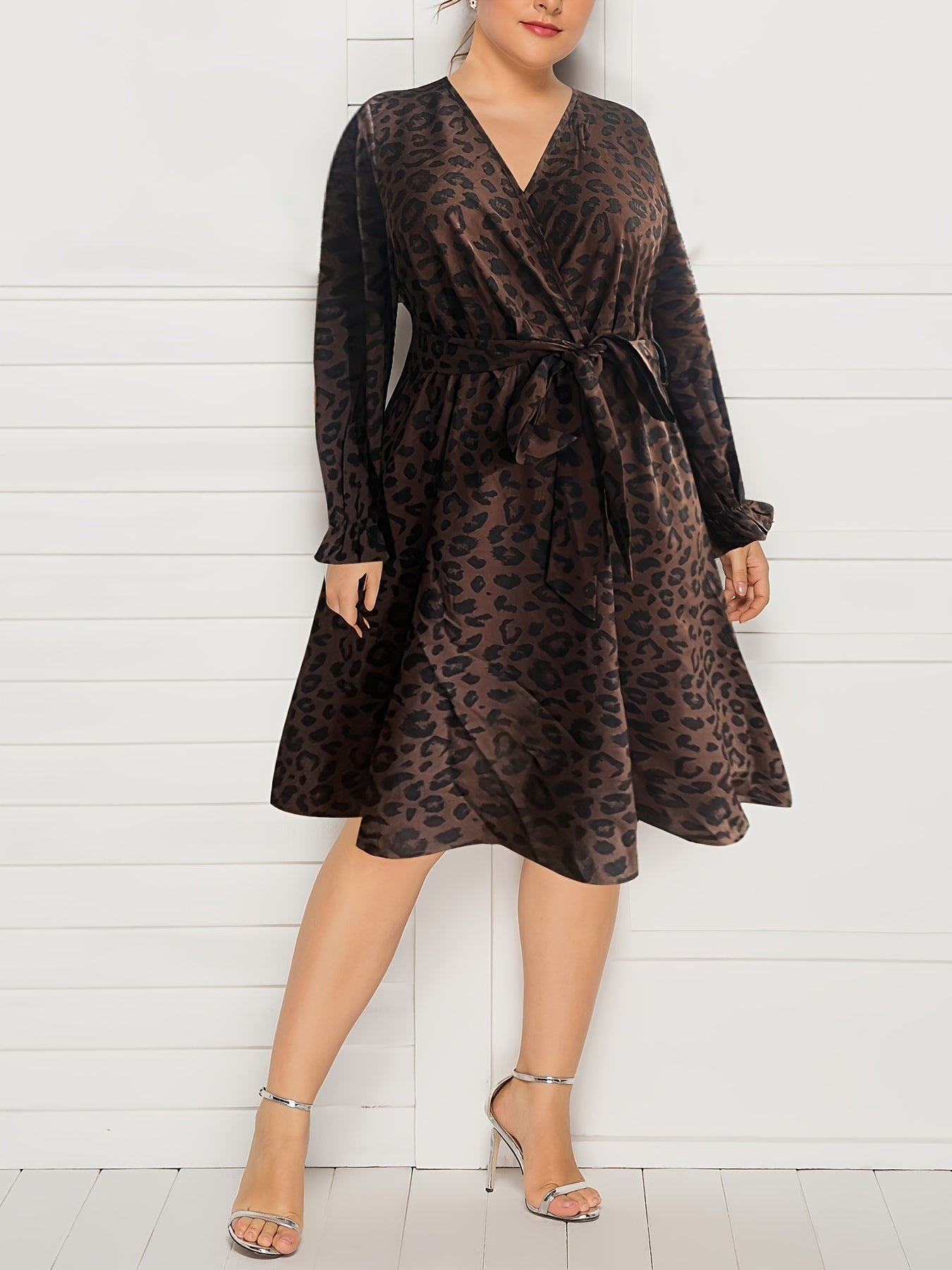 Leopard Print Lantern Sleeve Surplice Neck Dress With Belt