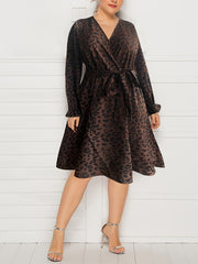 Leopard Print Lantern Sleeve Surplice Neck Dress With Belt