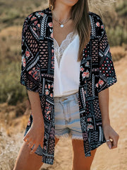Geometric Print Cover Up Shirt V Neck Half Sleeves Boho Style Beachwear Cardigan