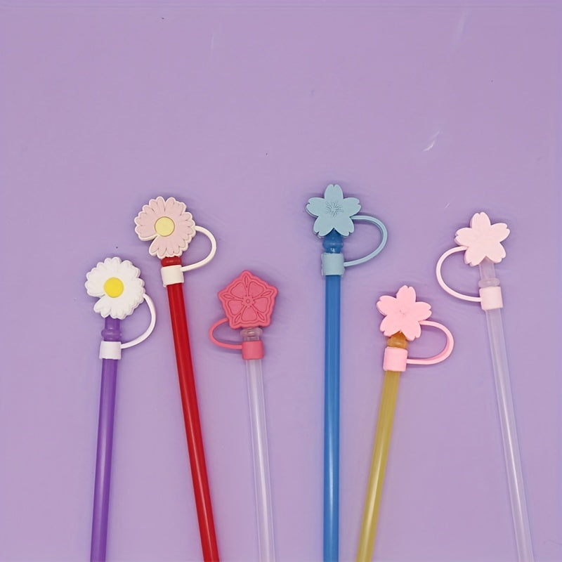 6pcs Reusable Silicone Straw Tips Cover for Party Favor Bags - Flower Design