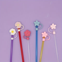 6pcs Reusable Silicone Straw Tips Cover for Party Favor Bags - Flower Design