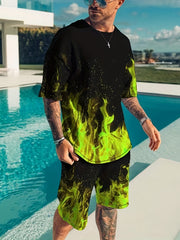 Men's Flame Graphic T-shirt & Shorts Set for Outdoor