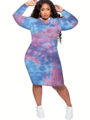 Boho Dress Women's Plus Tie Dye Long Sleeve Hooded Sweatshirt Dress
