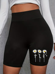 Daisy Print High Waist Short Leggings Sports Casual Summer Biker Shorts