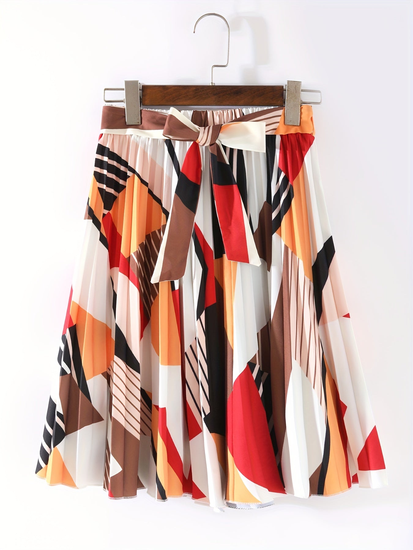 Geometric Print Tied Front Skirt Boho Pleated Skirt
