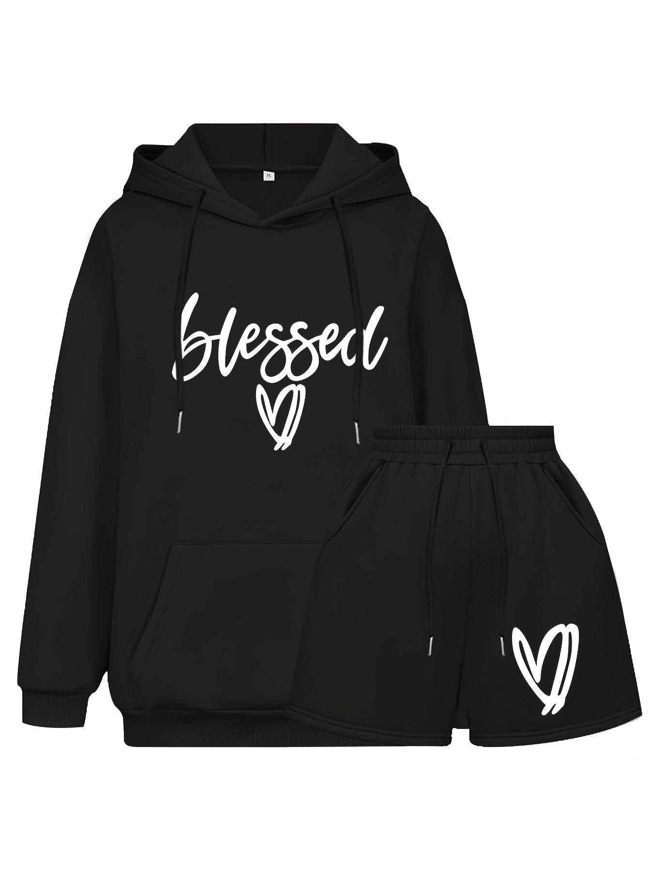 Women's Plus Letter & Heart Print Hoodie & Shorts Set