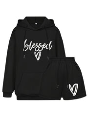 Women's Plus Letter & Heart Print Hoodie & Shorts Set