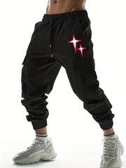 Stars Print Men's Drawstring Cargo Pants Flap Pocket Casual Comfy Jogger Pants