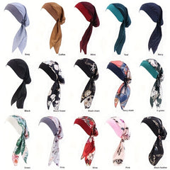 Flower Chain Print Bonnet Long Hair Lace Up Head Scarf Boho Elastic Silk Bonnet