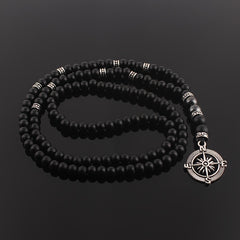 Vintage Natural Stone Beaded Necklace with Compass Pendant for Men