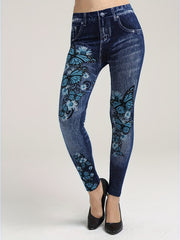 Butterfly & Denim Print Leggings Casual Stretchy Skinny Leggings