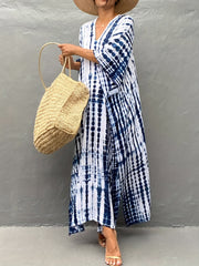 Boho Cover Up Tie Dye Striped Batwing Sleeve V Neck Dress