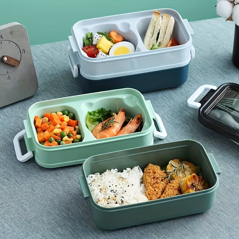 Plastic Double Layer Lunch Box with Cutlery - Microwave Safe Bento Box