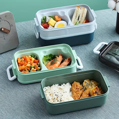 Plastic Double Layer Lunch Box with Cutlery - Microwave Safe Bento Box