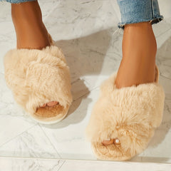 Women's Fluffy Furry Slippers Crisscross Strap Peep Toe Fuzzy Shoes