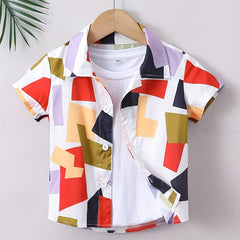 Geometric Print Boys Button Down Shirt Lightweight Short Sleeve Tee