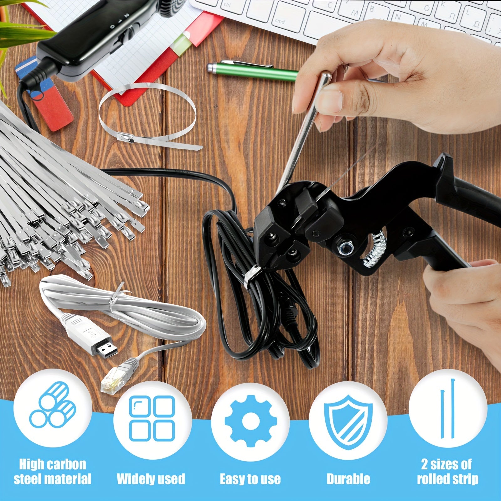 Cable Tie Cutter Tool Kit with 100 Metal Zip Ties