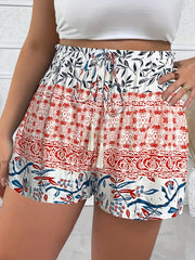 Boho Shorts Women's Plus Colorblock Floral Print Drawstring Tassel