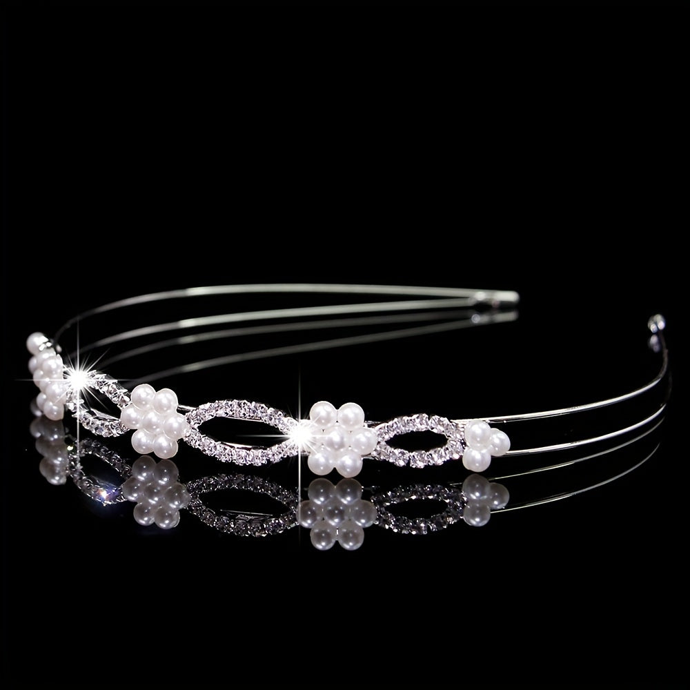 Rhinestone Faux Pearl Headband Queen Double Layer Crown Tiara Head Jewelry