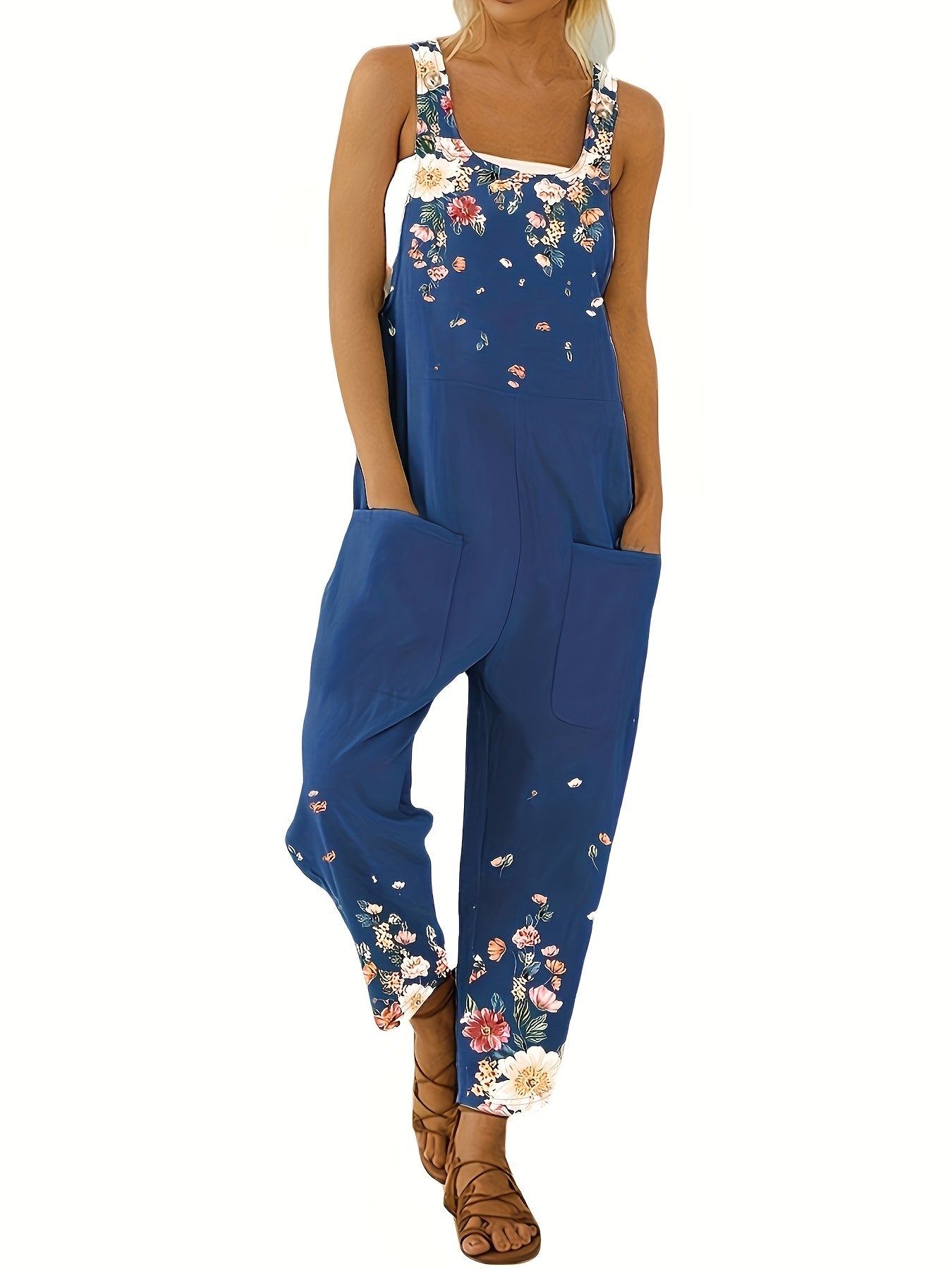 Floral Print Dual Pockets Overall Jumpsuit Casual Wide Leg Jumpsuit