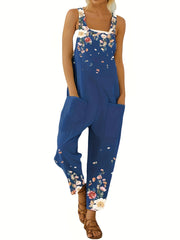 Floral Print Dual Pockets Overall Jumpsuit Casual Wide Leg Jumpsuit