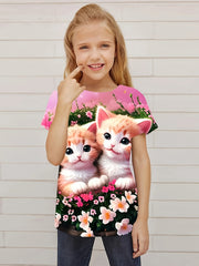Adorable Kitty Graphic Crew Neck Short Sleeve T shirt Girls Casual Pullover Tops