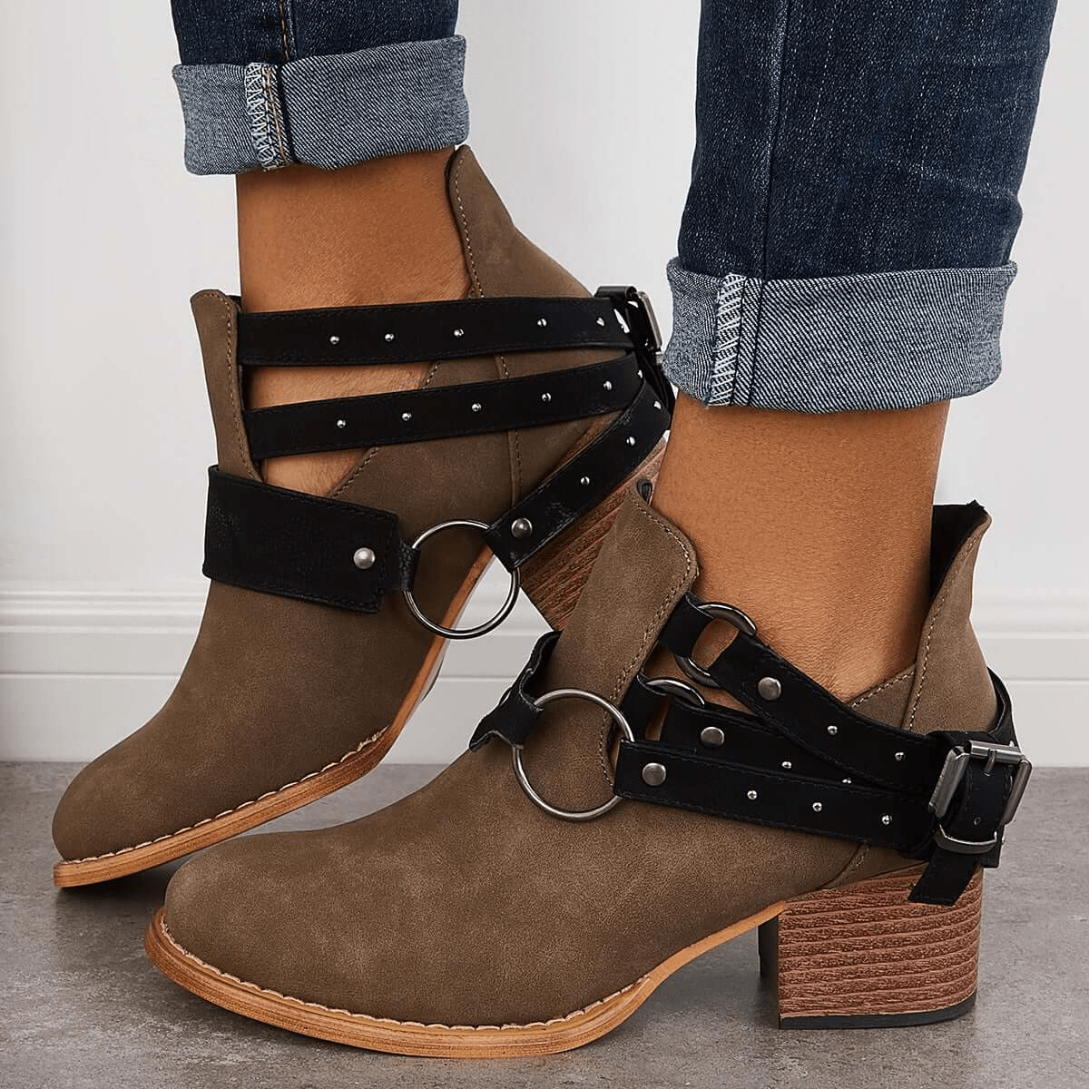 Women's Chunky Heel Ankle Boots with Metal Buckle Decor
