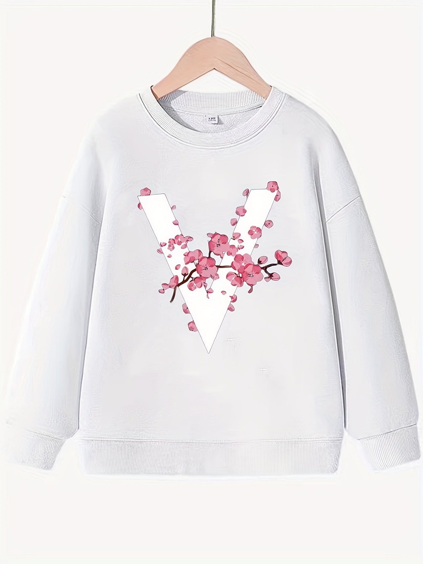 Blossoms & "V" Alphabet Pattern Sweatshirt For Girls