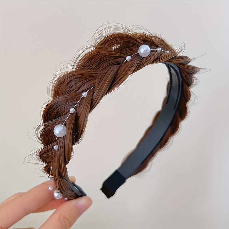 Faux Pearl Fishbone Braid Wig Headband Hairband for Girls