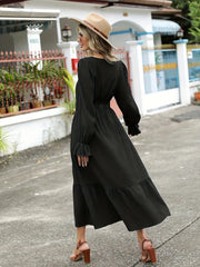Plus Size Solid Button Lantern Sleeve V Neck Maxi Smock Dress