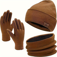 3 Pc Winter Warm Velvet Thickened Set Hat Scarf Gloves Solid Touch Screen