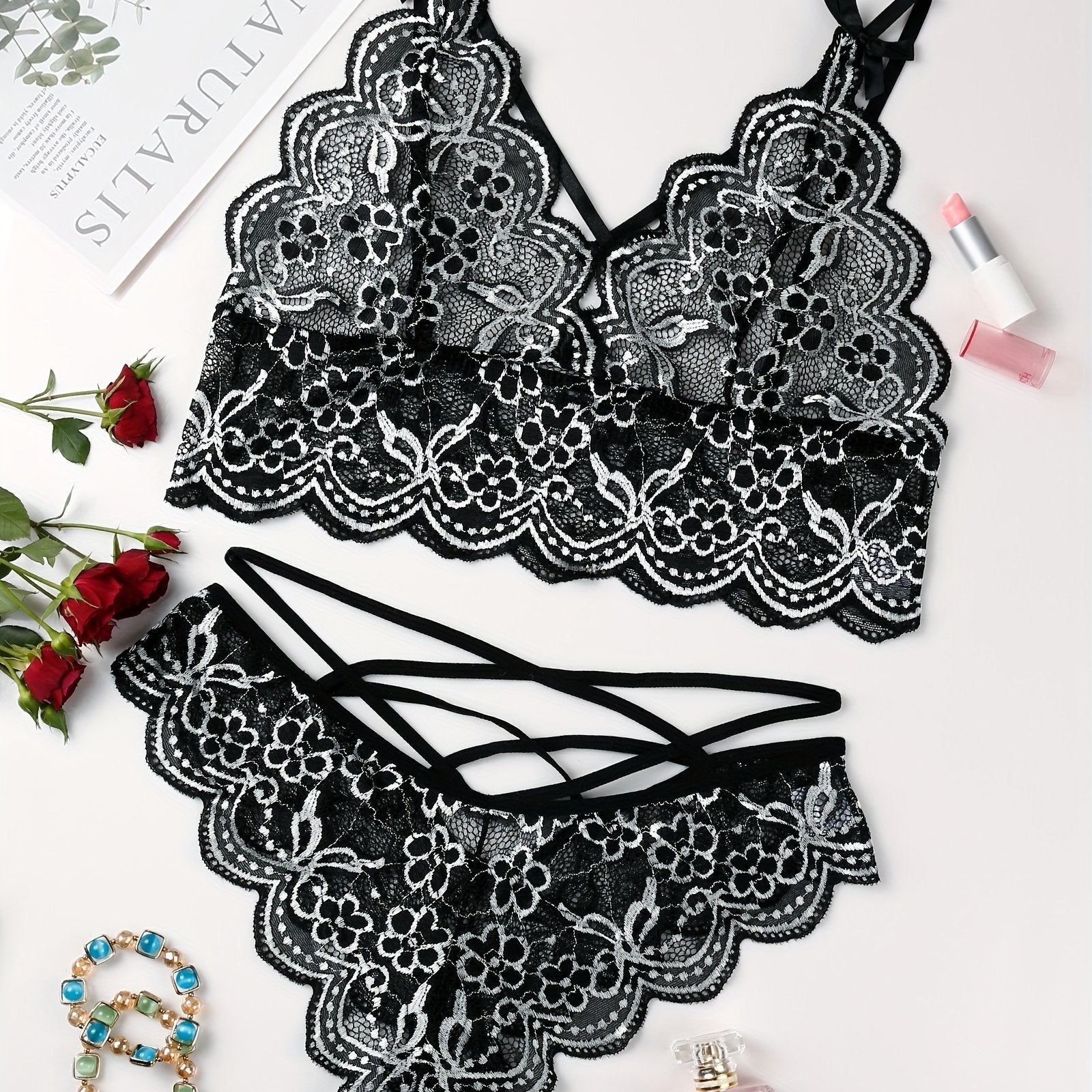 Floral Lace Lingerie Set - Sexy Bra & Cut Out Panties