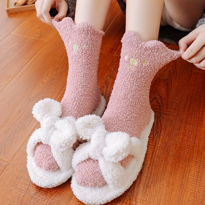 5 Pairs Heart Print Socks, Fuzzy Warm Women's Stockings