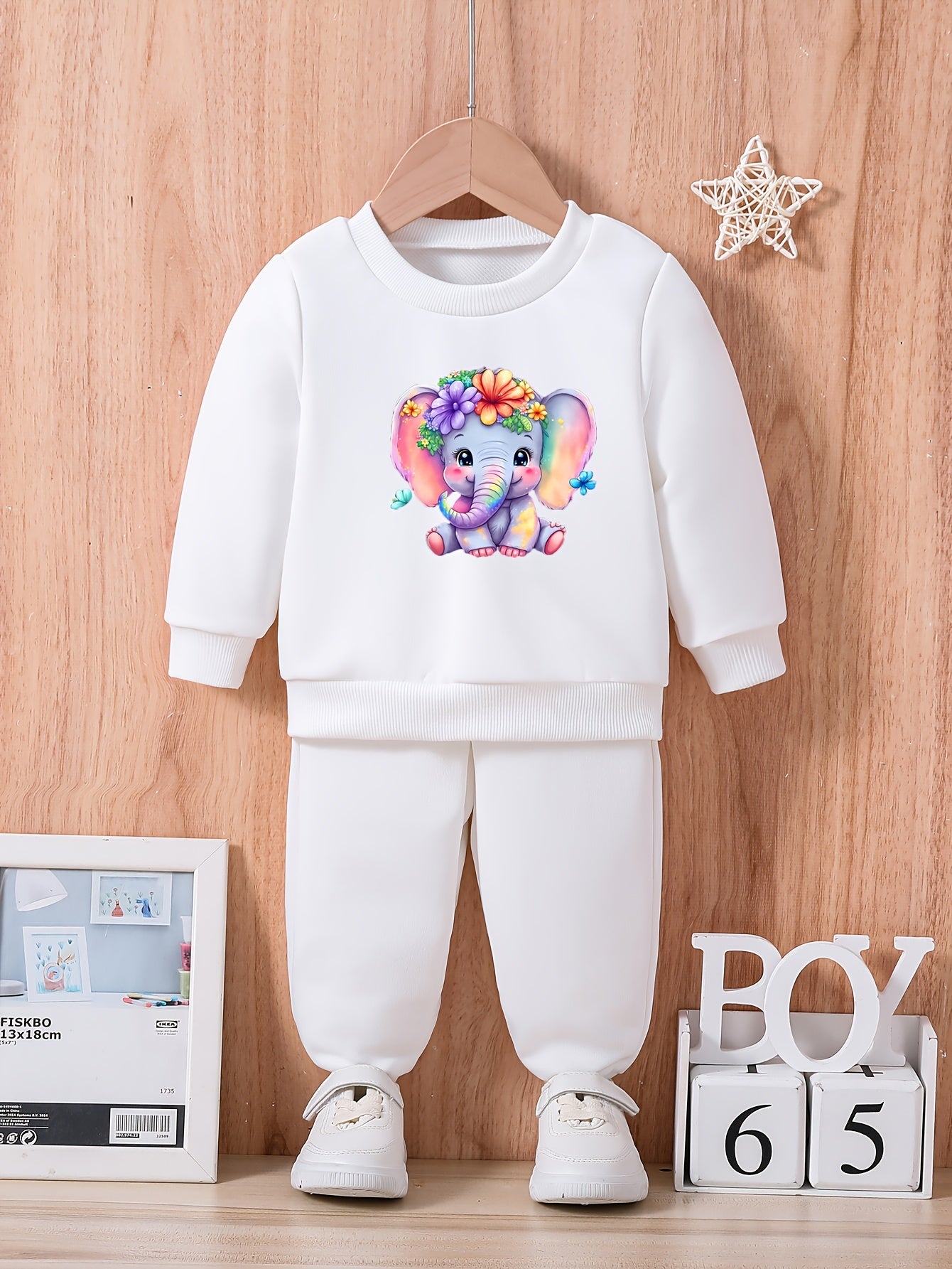 Baby Elephant & Flower Graphic Outfit Long Sleeve Sweatshirt Trousers Set