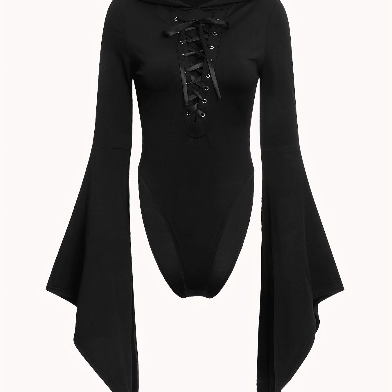 Gothic Drawstring Hooded Slim Bodysuit
