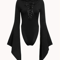 Gothic Drawstring Hooded Slim Bodysuit