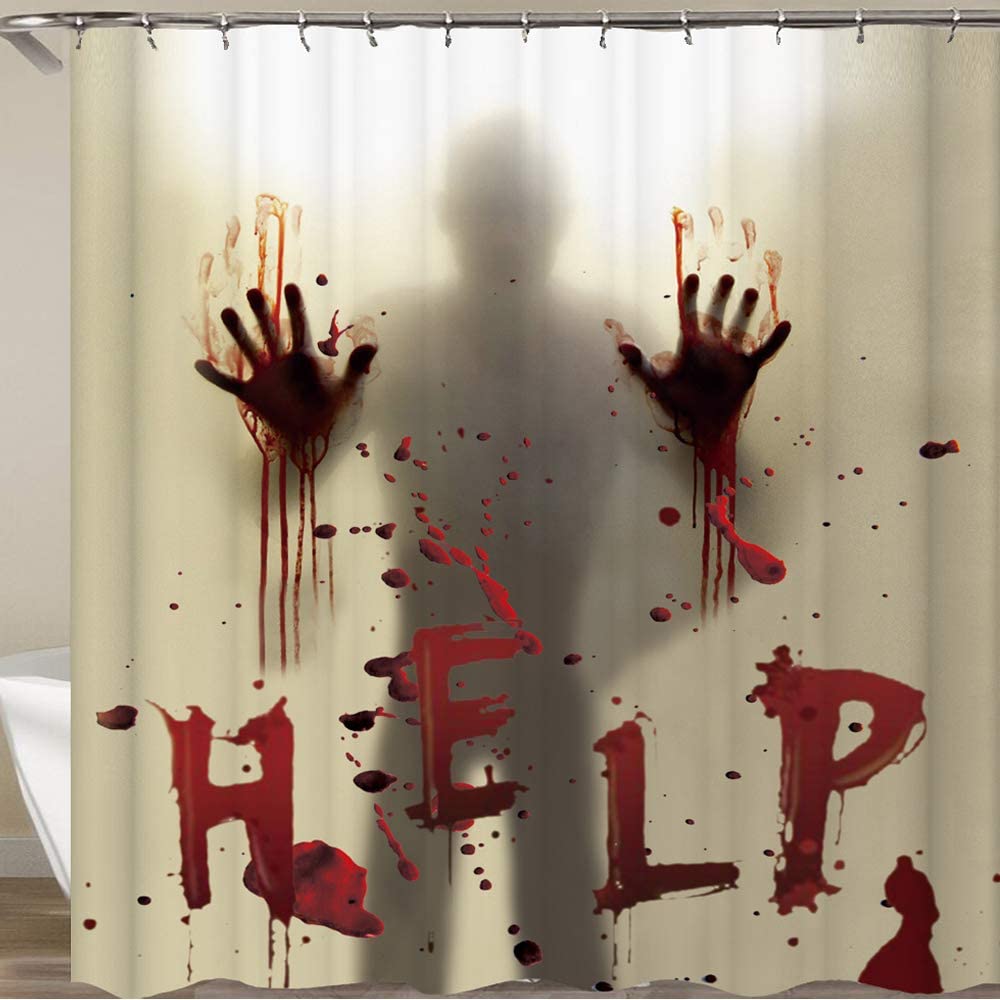 Halloween Shower Curtain with Bloody Hands and Hooks