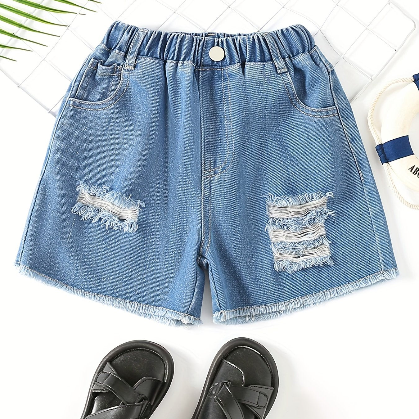 Girls' Ripped Denim Shorts Elastic Waist Summer Shorts