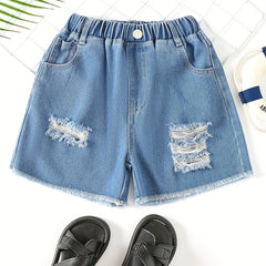 Girls' Ripped Denim Shorts Elastic Waist Summer Shorts