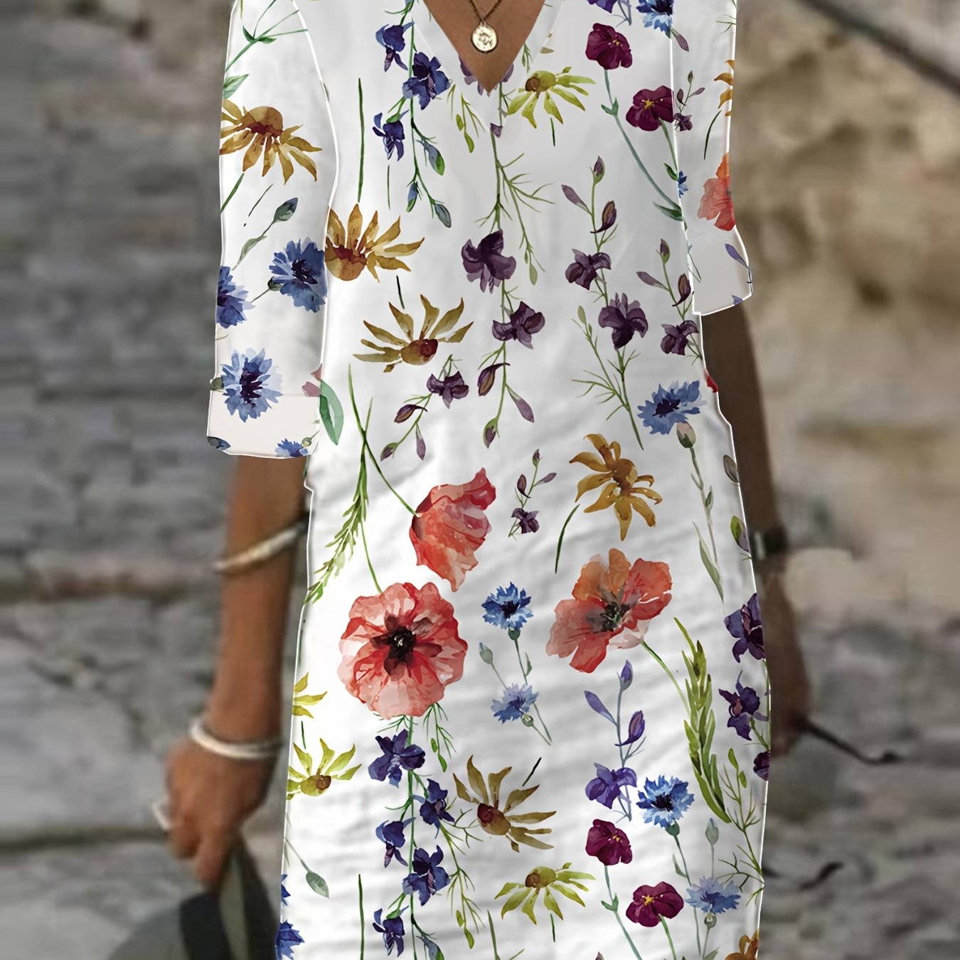 Floral Print Half Sleeve V Neck Stretch Dress