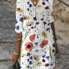 Floral Print Half Sleeve V Neck Stretch Dress