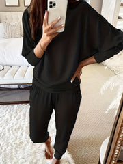 Solid Ribbed Top & Pants Set, Long Sleeve Round Neck, Casual 2-Piece