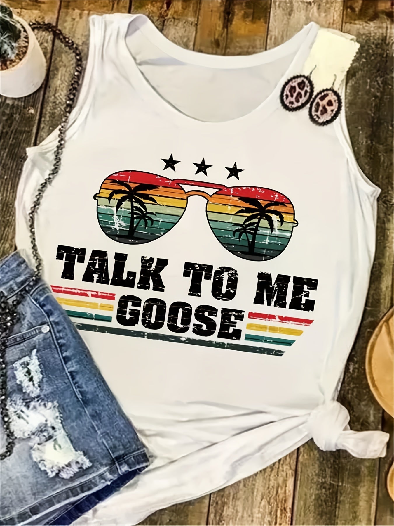 Letter Print Tank Top Sleeveless Casual Crew Neck Tank Top