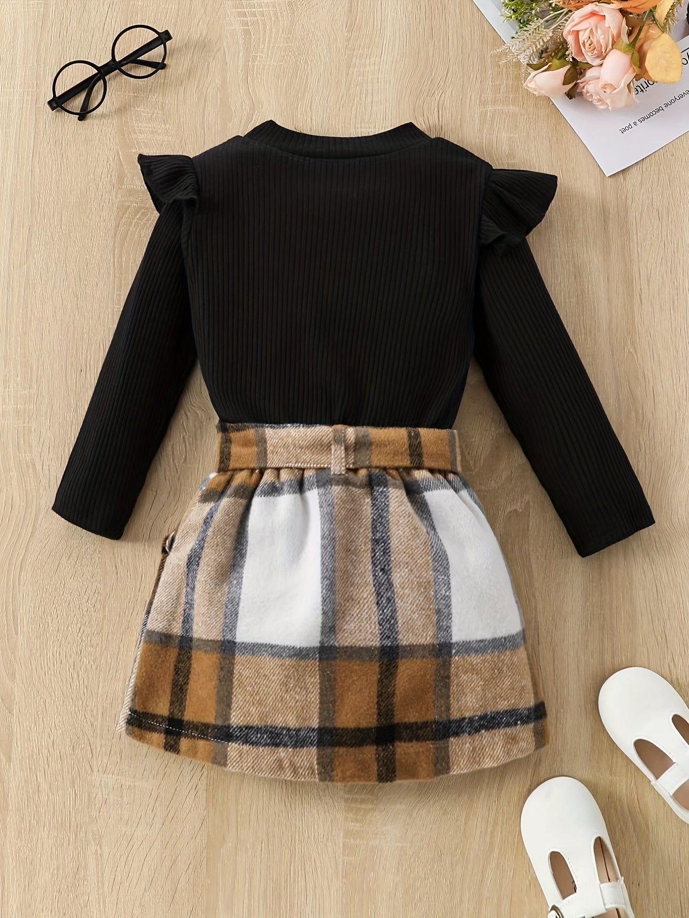 Girl's Ribbed Long Sleeve Top & Belted Skirt Set