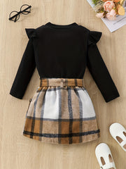 Girl's Ribbed Long Sleeve Top & Belted Skirt Set