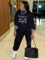 Casual Workout 2pc Set Lips & Letter Print Long Sleeve Tops & Jogger Pants