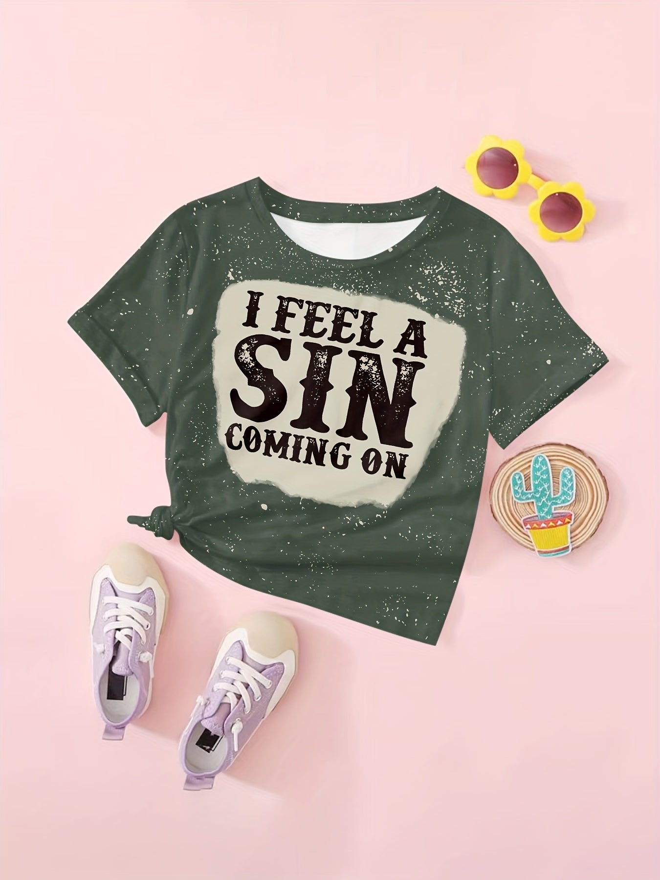 I FEEL A SIN COMING ON Print Short Sleeve T shirt Girls Comfy Pullover